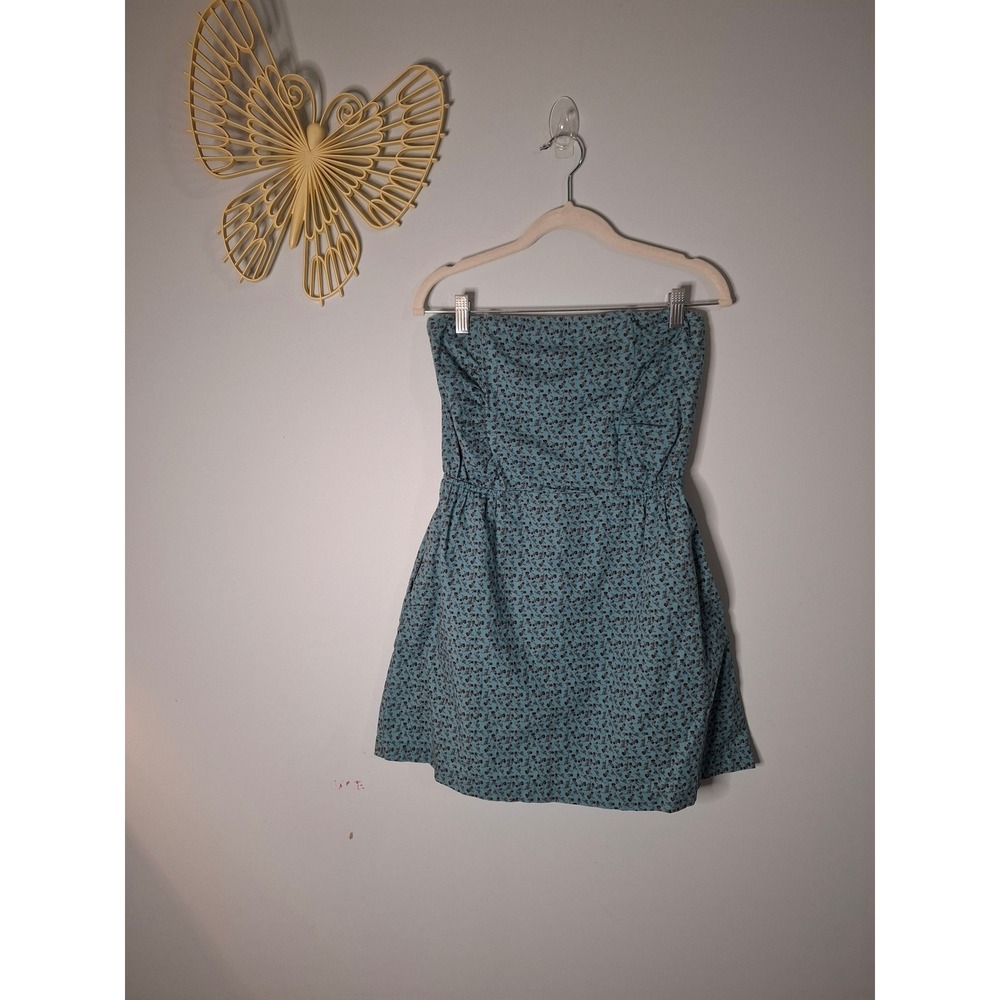Vintage Y2k Mudd Strapless Mini Dress Teal Blue Brown Smocked Back Cotton Blend